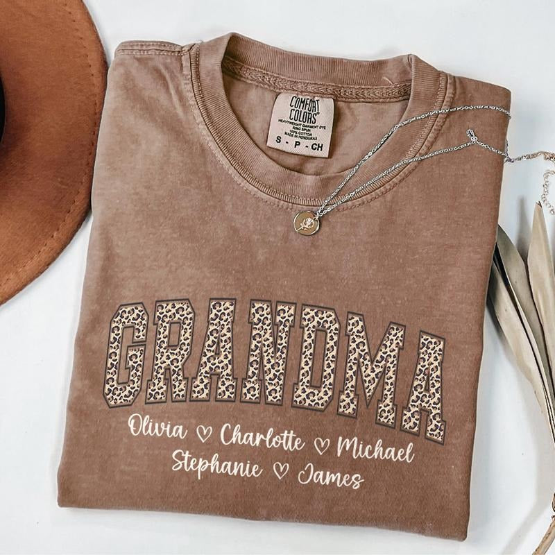 Comfort Colors Personalized Grandma T-Shirt with Leopard Print, Mothers Day Gift for Grandma, Nana Shirt, Gigi Tee