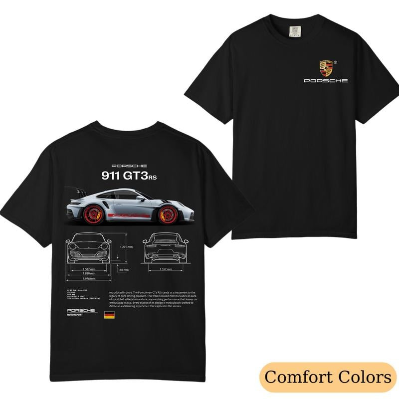 Comfort Colors Porsche 911 GT3 RS Aesthetic T-Shirt, 2-Sided Car Graphic Tee, Trendy Menswear Streetwear Casual Top