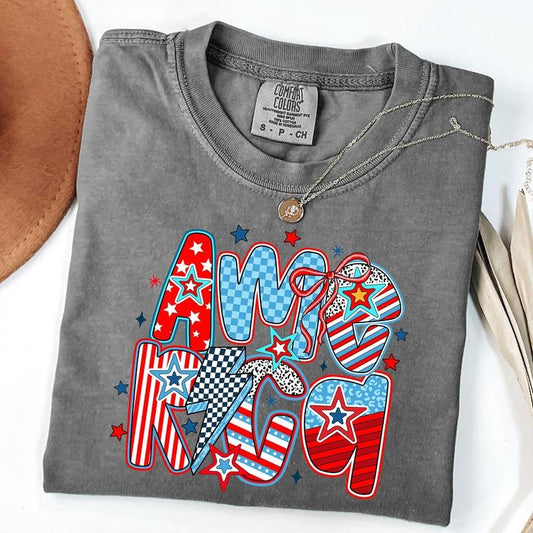 Comfort Colors Retro America Shirt, Patriotic Mama Tee, America Coquette Shirt, 4th Of July T-Shirt