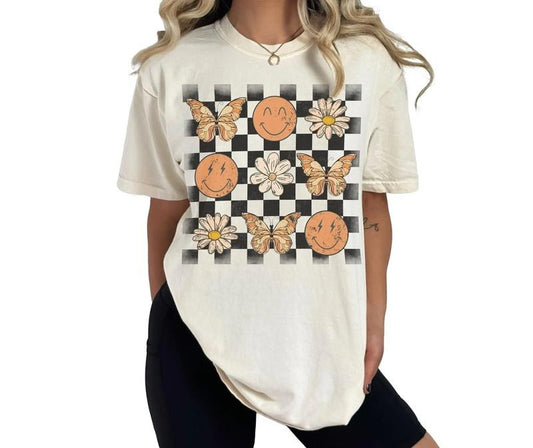 Comfort Colors Retro Checkers Smiley Faces And Butterflies Graphic Tee, Trendy Checkered Vintage Vibe Shirt