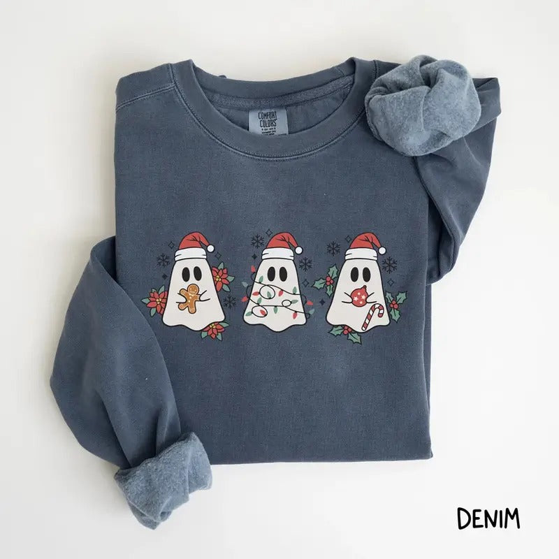 Comfort Colors Retro Ghost Santa Sweatshirt, Cute Christmas Ghost Tee Shirt, Holiday Ghost Sweater, Spooky Christmas Shirt, Christmas Gift Ideas