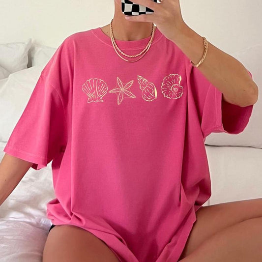 Comfort Colors SeaShell Shirt, Preppy Beach T-Shirt, Gift for Teen Girls, Coastal Aesthetic Tee, Oversized Ocean Lover SeaShell T-Shirt modal