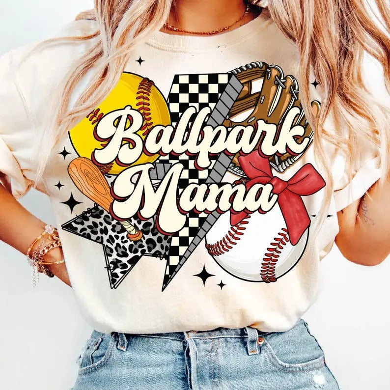 Comfort Colors Softball Baseball Mama T-shirt, Ballpark Mama Retro Tshirt, Game Day Vibes, Coquette Bow Sports Png, Checkered Baseball Mama, Softball Mama Shirt