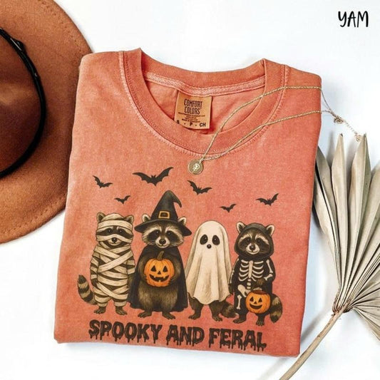 Comfort Colors Spooky and Feral Raccoon Halloween Tee, Spooky and Feral Tee, Funny Racoon Halloween TShirt, Spooky Season Funny Ghost T-Shirt