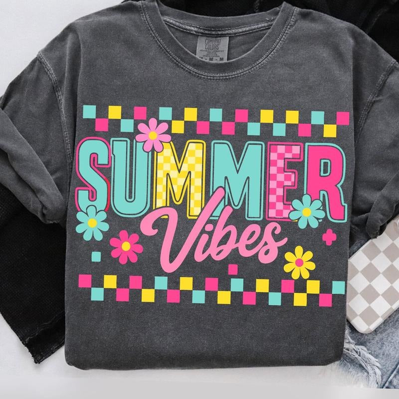 Comfort Colors Summer Vibes T-Shirt, Beach T-Shirt, Hello Summer Shirt, Summer Checkered Shirt, Retro Floral Beach T-Shirt