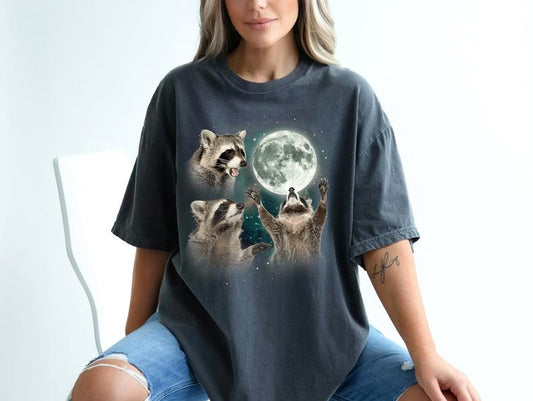 Comfort Colors Three Raccoons Vintage Graphic T-shirts, Retro Raccoon Moon Tshirt, Funny Tee, Washed Tee, Unisex Crewneck Streetwear Top, Womenswear