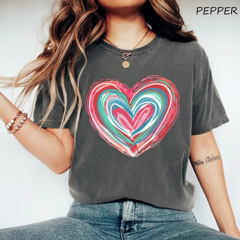 Comfort Colors Valentines Day Heart Shirt, Brushstroke Heart Shirt, Coquette Valentine Shirt, Lover Gift Tee Cotton Fabric Top Womenswear