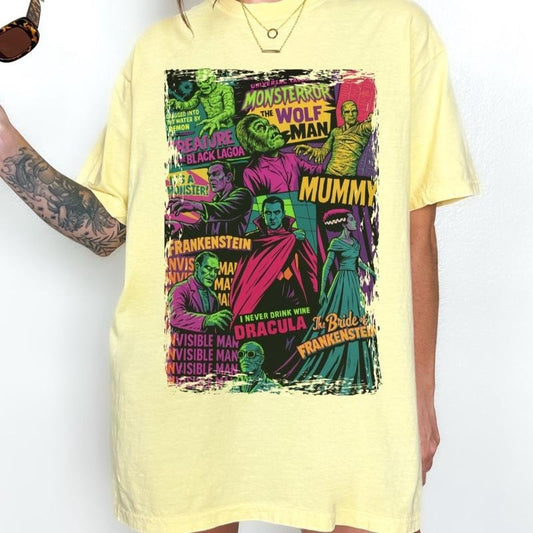 Comfort Colors Vintage Monster Movies Women's Short Sleeve Casual Cotton Graphic Tshirt - Womenswear Featuring Classic Horror Characters