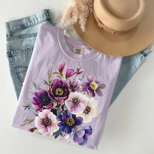 Comfort Colors Vintage Pressed Flowers T-Shirt, Boho Cottagecore Tshirt, Botanical Purple Floral Tee, Wildflowers Top Anemones, Gif For Mom