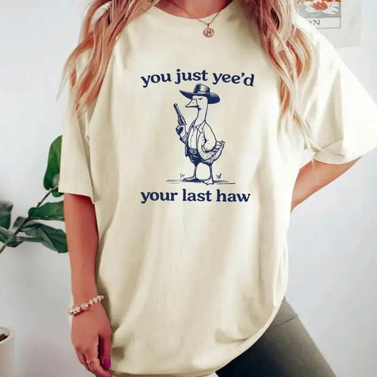 Comfort Colors Women's Cartoon Duck & Letter Print Drop Shoulder Tee, Casual Half Sleeve Round Neck T-Shirt, Women's Top for Daily Wear, Graphic Tees