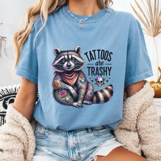 Comfort Colors Women's Casual Cotton Graphic T-Shirt with Raccoon Design and "Tattoos are Trashy" Text, Short Sleeve Top - Womenswear