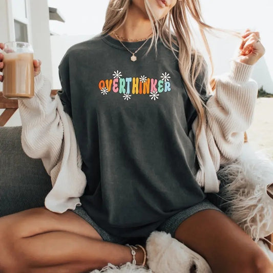 Comfort Colors Women's Graphic T-Shirt - Overthinker Short Sleeve Casual Cotton Top - Womenswear