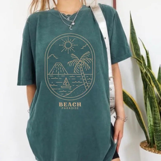 Comfort Colors Women's The Beach Paradise Minimalist Short Sleeve Casual Cotton Graphic T-Shirt with Sun and Palm Tree Design - Top, Womenswear