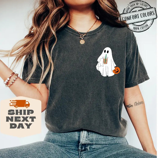 Comfort Colors Сute Ghost Coffee Shirt, Сute Little Ghost Iced Coffee t-shirt, Boo Ghost Shirt, Ghost Coffee Shirt, Halloween Coffee Lovers