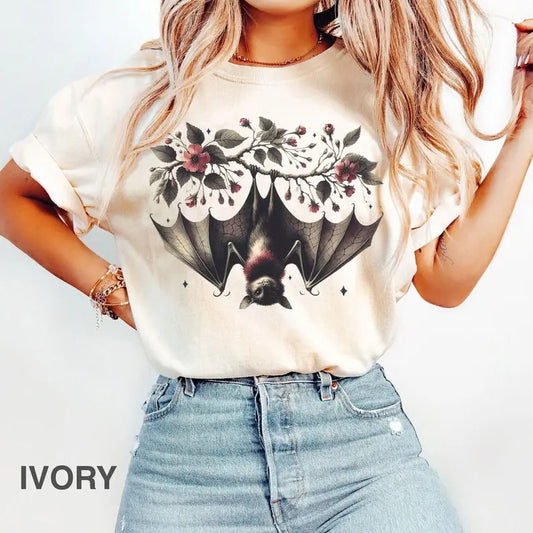 Comfort Colors, Pink Halloween t-shirt, Hanging Bat t-shirt, Halloween bats t-shirt, Pink Halloween, Halloween bat shirt, bats lovers tee, Bat Lover, Dark Academia, Goth Aesthetic Cotton Fabric Top Womenswear