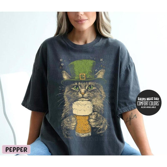 Comfort color St Patricks Day Shirt Funny Cat Drinking Beer t-shirt Cat Mom Shamrock Cat Catricks Day Shirt St Patrick Shirt funny  graphic  tees
