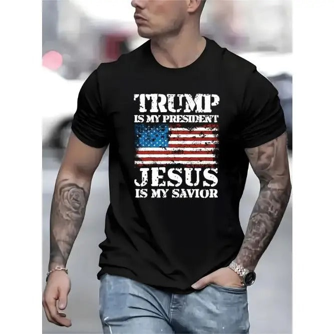 Comfortable and breathable high-quality men's crew-neck T-shirt, American flag Trump creative fashion pattern men's crew-neck short sleeve, simple style T-shirt fashion conventional version Made in USA