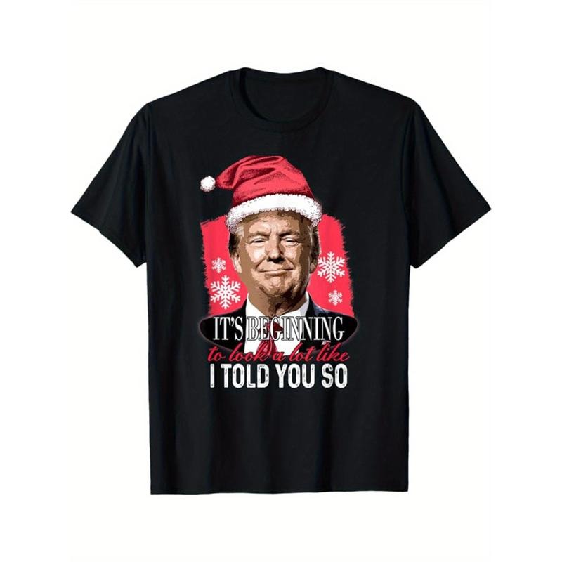 Comfortable and breathable high quality men's crew-neck T-shirt, Donald Trump Christmas Print men's cotton casual T-shirt, short sleeve crew-neck top, men's Christmas clothing Made in USA