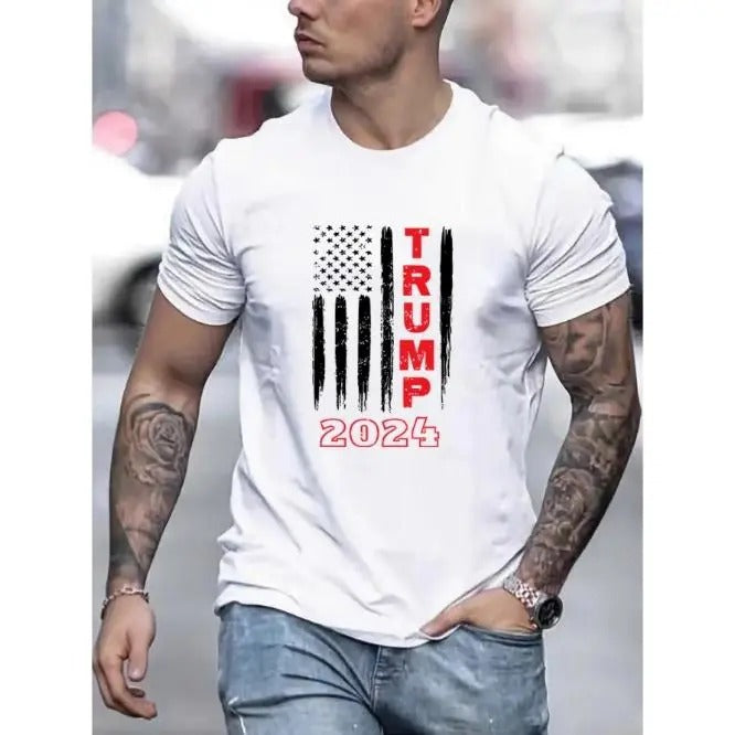 Comfortable and breathable high-quality men's crew-neck T-shirt, Trump 2024 Graphic printed men's creative top, casual short-sleeved crew-neck T-shirt, summer outdoor men's clothing Made in USA