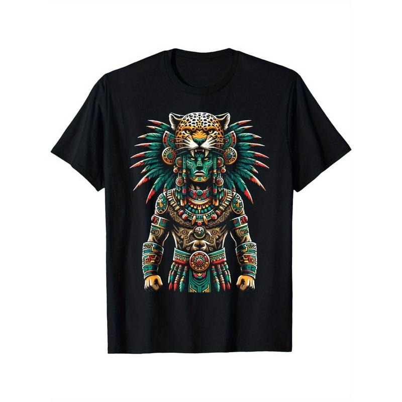 Comfortable and breathable outdoor men's clothing quality materials, Aztec jaguar warrior Aztec culture Mayan indigenous T-shirt, everything Made in USA