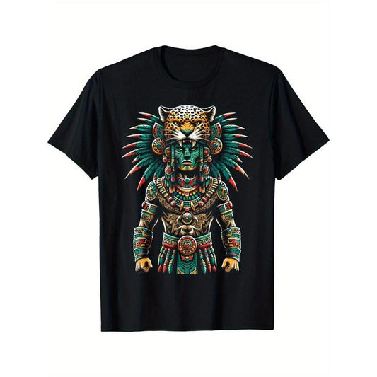 Comfortable and breathable outdoor men's clothing quality materials, Aztec jaguar warrior Aztec culture Mayan indigenous T-shirt, everything Made in USA