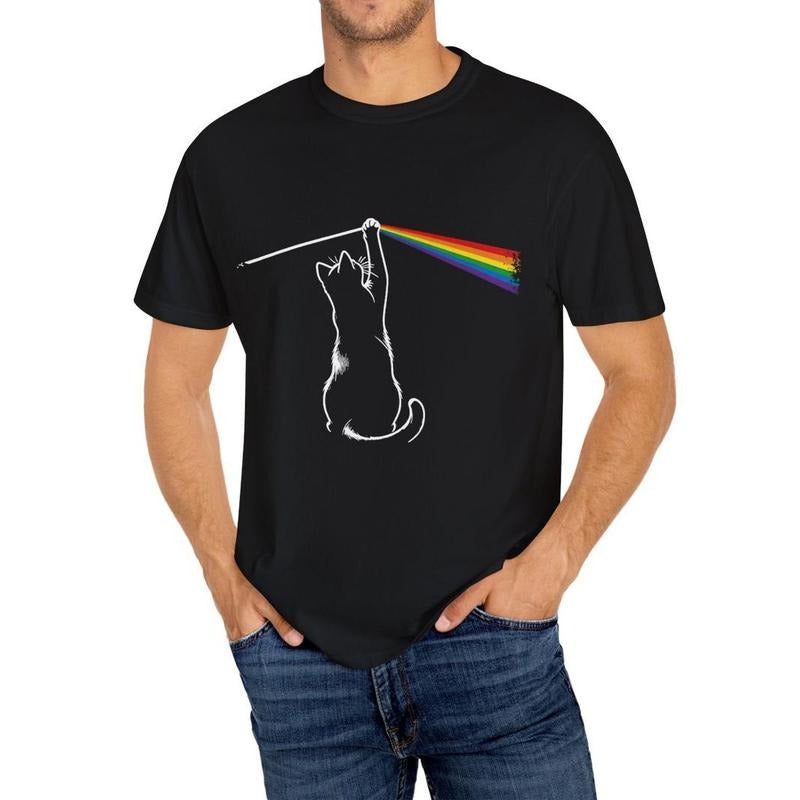 Comfy Fit Men's Summer T-Shirt - Exercise & Fitness Clothing, Trendy Short Sleeve Tee with Cat & Rainbow Print, Breathable, Moisture-Wicking, Soft, Casual Top for Daily Life and Outdoor Activities Made in USA