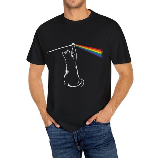 Comfy Fit Men's Summer T-Shirt - Exercise & Fitness Clothing, Trendy Short Sleeve Tee with Cat & Rainbow Print, Breathable, Moisture-Wicking, Soft, Casual Top for Daily Life and Outdoor Activities Made in USA