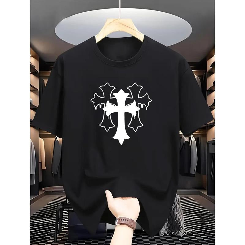 Comfy Men's Casual Short Sleeve Round Neck T-shirt, Stylish Crosses Pattern Print Outdoor Top For Summer Made in USA