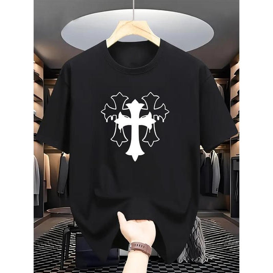 Comfy Men's Casual Short Sleeve Round Neck T-shirt, Stylish Crosses Pattern Print Outdoor Top For Summer Made in USA