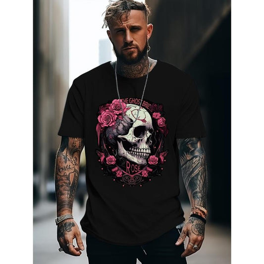 Comfy Skull & Rose Graphic Print Short Sleeve T-Shirts - Men's Casual Crew Neck Tops for Outdoor Activities - Soft, Breathable, Elastic Fabric, Perfect for Hiking, Camping, and Travel Made in USA