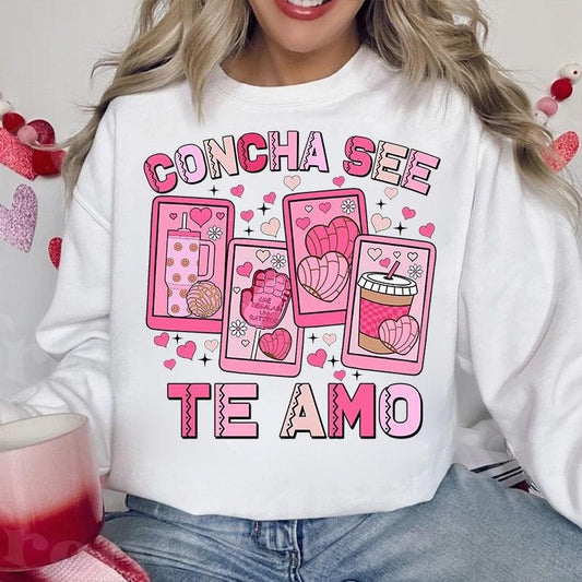 Concha See Te Amo Sweatshirt, Mexican Valentine Shirt, Cafecito Y Chisme Valentine's Day Sweater, Concha Valentine's Day, Valentines Sweatshirt, Gifts For Women, Long Sleeve Crewneck Shirt, Valentine's Day Presents, Gifts For Valentines Day Fit Womenswear