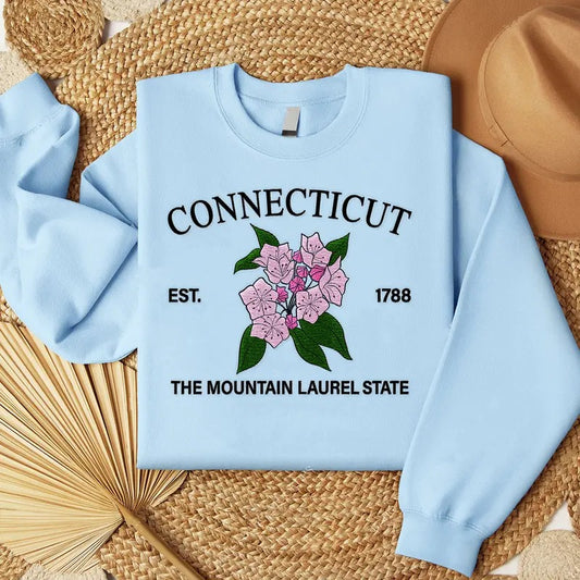 Connecticut Mountain Laurel Embroidered State Flower Sweatshirt, Hometown Embroidered Shirt, Favorite Flower Embroidered Shirt