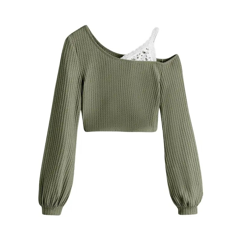 Contrast Lace Cold Shoulder Crop Tops Long Sleeve Asymmetrical Knit T-Shirt Top