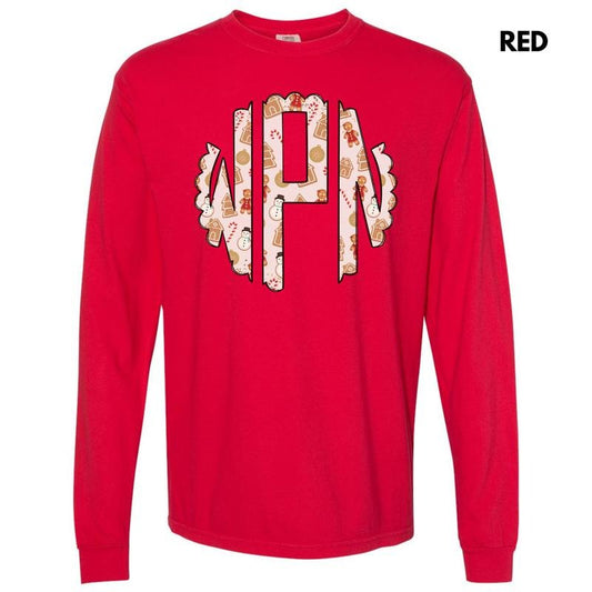 Cookie Christmas Monogram Long Sleeve Comfort Colors T-Shirt 'NLB'