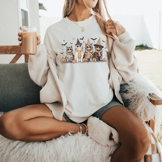 Cool Halloween Cats TShirt - Sweatshirt - Hoodie, Halloween Shirt, Funny Halloween Shirt, For Men, For Women, Casual, Classic Fashion Cotton Menswear and Cotton Womenswear Sweaters Tops Crewneck Long Sleeve