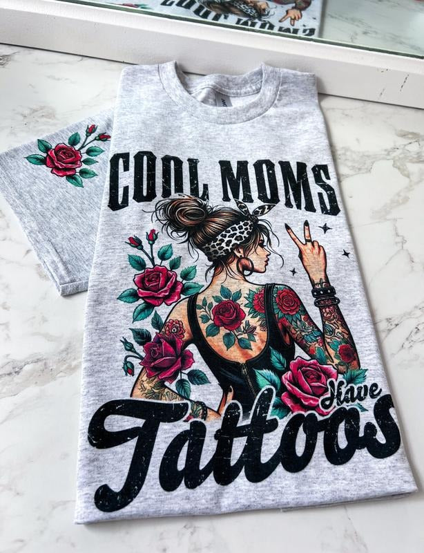 Cool Moms Have Tattoos Short Sleeve Graphic Tee Unisex Screen Printed T-Shirt Womenswear Crewneck Casual Tshirt Top