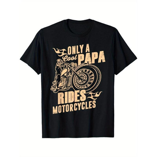 Cool Papa Rides Motorcycles Graphic T-Shirt, 100% Cotton, Crew Neck, Short Sleeve, Regular Fit, Medium Stretch, Geometric Pattern, Knit Fabric, 180g, with Adult Mature Style for All-Season, Daily & Casual Wear, Ideal for Father'S Day Made in USA