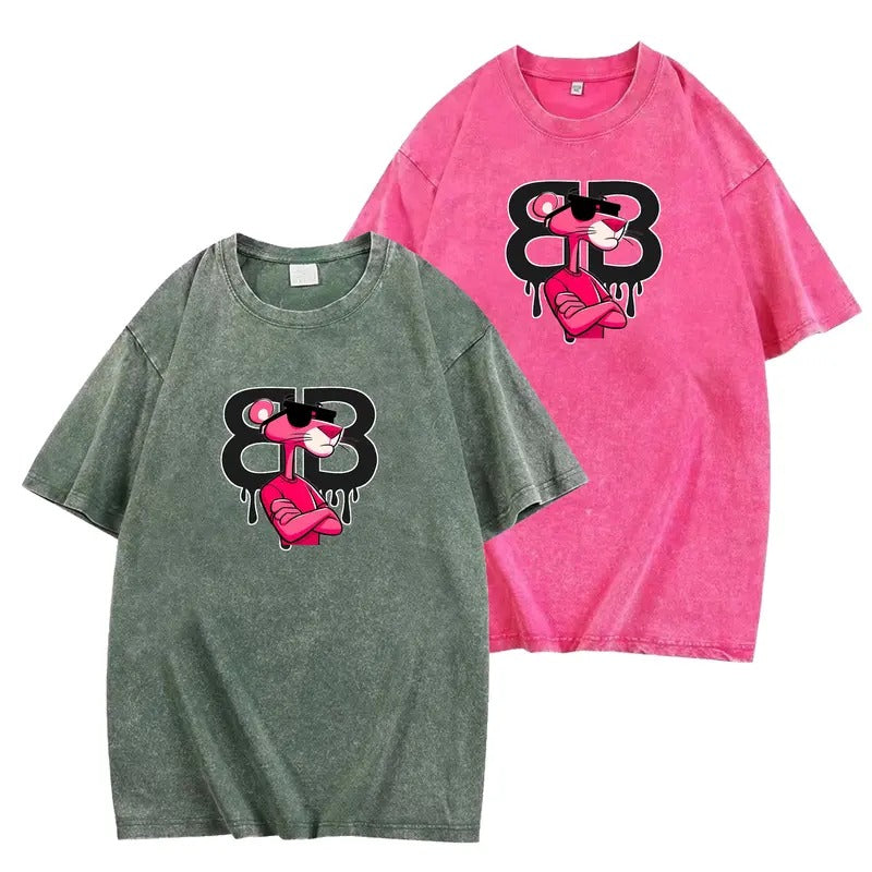 Cool Pink Panther Design Washed T-Shirt for Trendy Fashion