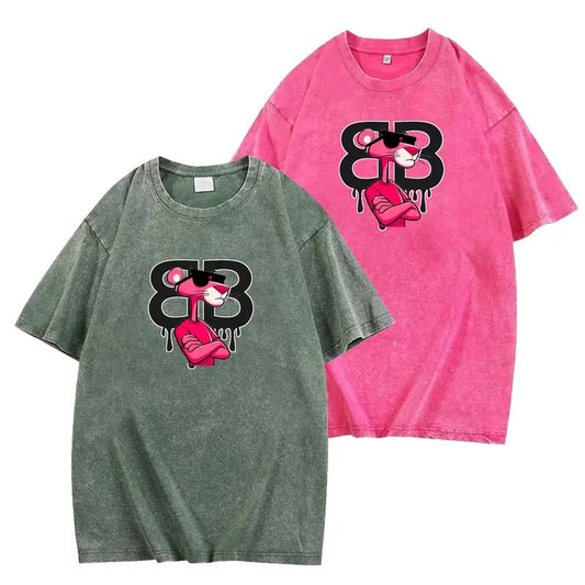 Cool Pink Panther Design Washed T-Shirt for Trendy Fashion