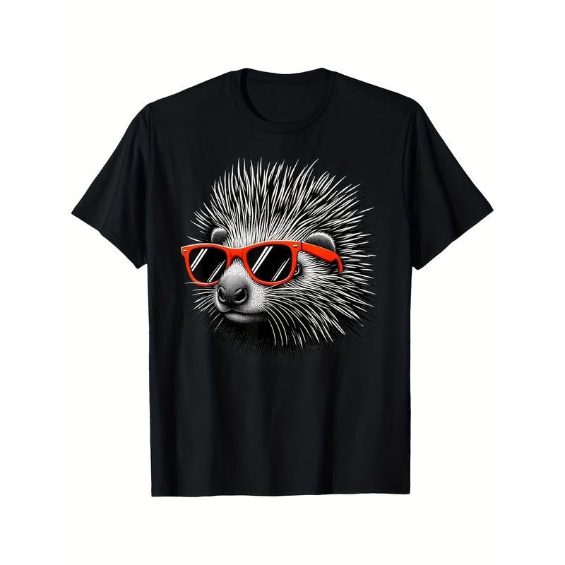 Cool Porcupine Wearing Sunglasses Graphic Art T-shirt Comfortable, Casual Short Sleeve, Daily Wear, All Season, Black, Men Made in USA