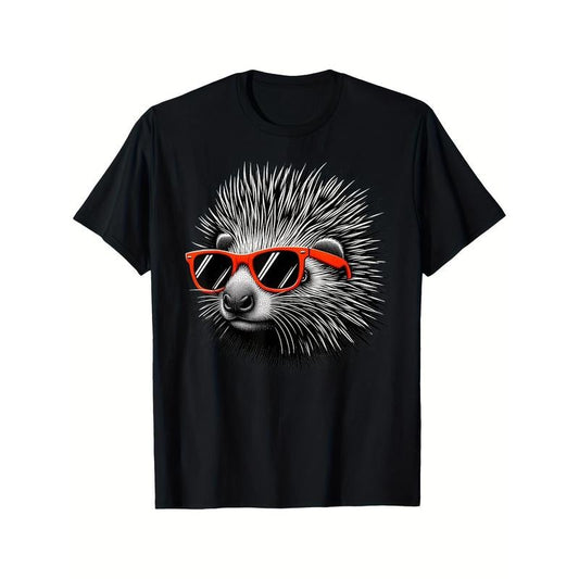 Cool Porcupine Wearing Sunglasses Graphic Art T-shirt Comfortable, Casual Short Sleeve, Daily Wear, All Season, Black, Men Made in USA