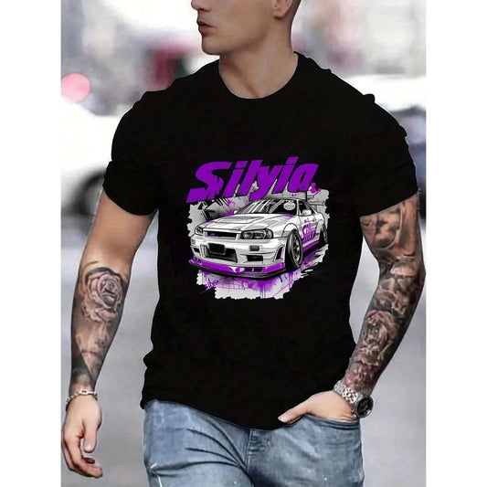 Cool Racing Car Print Slim Fit Short-sleeve, Simple T-shirt For Summer, Men's Round Neck Short-sleeve T-shirt, Casual T-shirt, Casual Comfortable Top made in usa