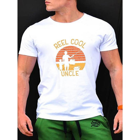 Cool Uncle Print Men's Trendy Short Sleeve T-shirts, Comfy Casual Breathable Tops For Men's Fitness Training, Jogging, Outdoor Activities Made in USA