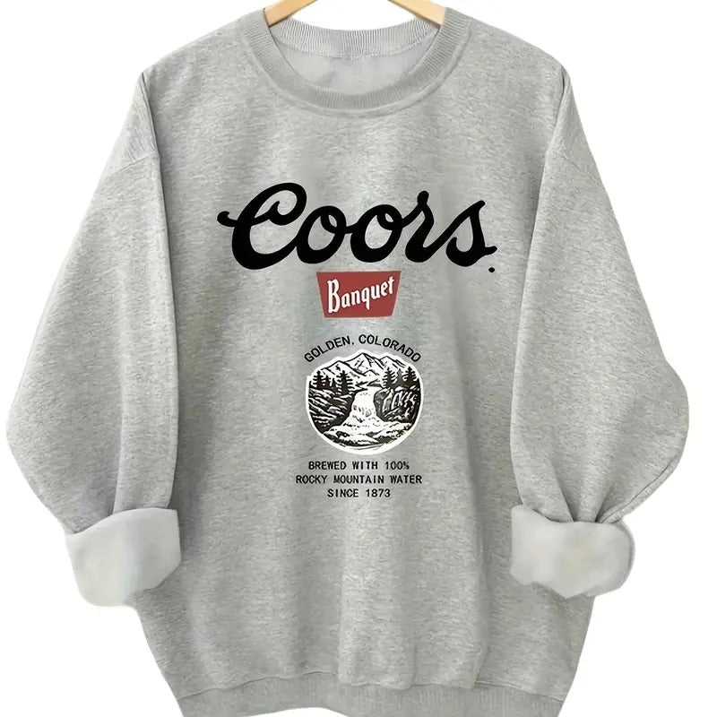 Coors Banquet Graphic Print Sweatshirt, Crew Neck Casual Sweatshirt For Spring & Fall, Women's Clothing Womenswear Printed