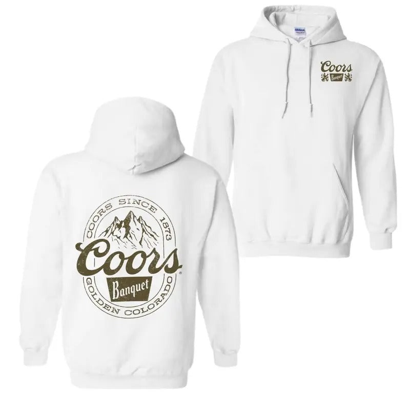 Coors Banquet Hoodie Classic and Rugged Featuring Retro Coors Logo Mountain Graphics, Perfect Beer Enthusiasts Outdoor Adventurers Fabric Menswear