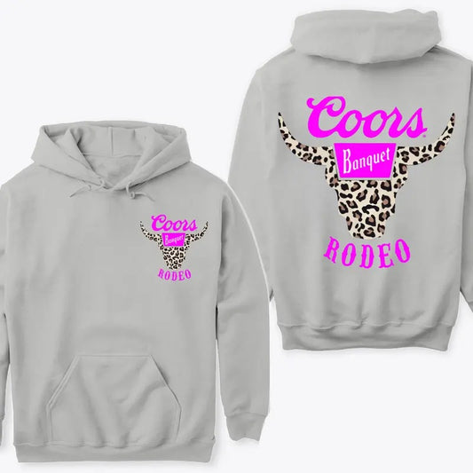 Coors Banquet Rodeo Hoodie Sweatshirt TShirtLeopard Print Bull Skull Graphic Bold Pink Unisex Design Perfect for Rodeo Fans Stylish and Comfortable Wear