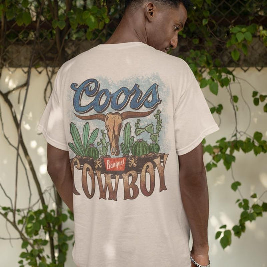 Coors Cowboy Beer T-Shirt, Vintage 90s Graphic Western Shirt, Retro Beer Tee, Rodeo Oversized Cowboy Shirt, Wild West, Summer Clothes for Men, Men's heavyweight Tee, Regular Fit Graphic Streetwear T-Shirt, Menswear Shortsleeve Crewneck Tshirt skate fit