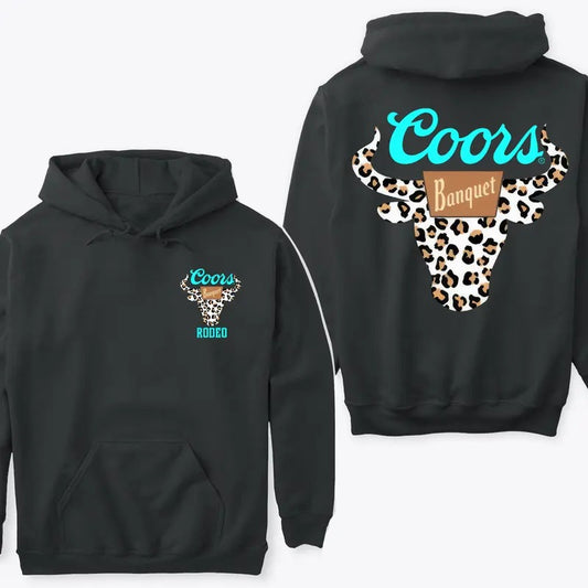 Coors Rodeo Hoodie Sweatshirt TShirt- Bold Leopard Print Bull Desig T-shirt Sweatshirt  New Design for Women Lady - Full Size Full Color Comfort Cotton Top Womenswear with a Fit Flat Love Pocket Streetwear Style