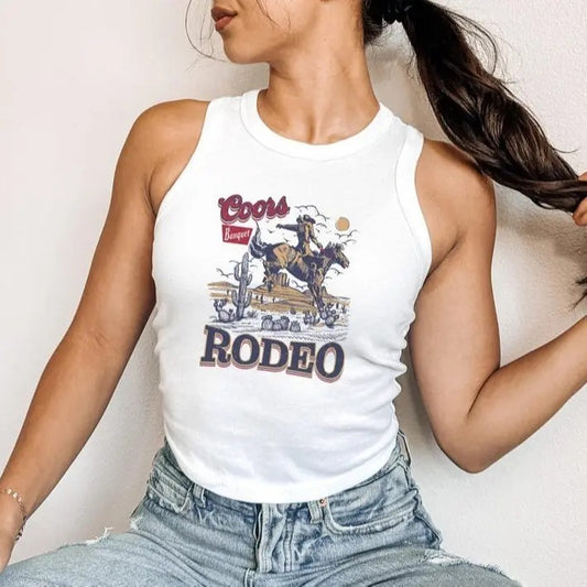 Coors Rodeo Women's Micro Rib Racer Tank Top, Cowboy Trendy Crop Top, Country Western Shirt Cotton Streetwear