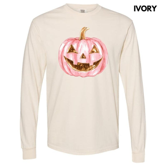 Copper & Pink Jack O Lantern Long Sleeve Comfort Colors T-Shirt 'NLB'